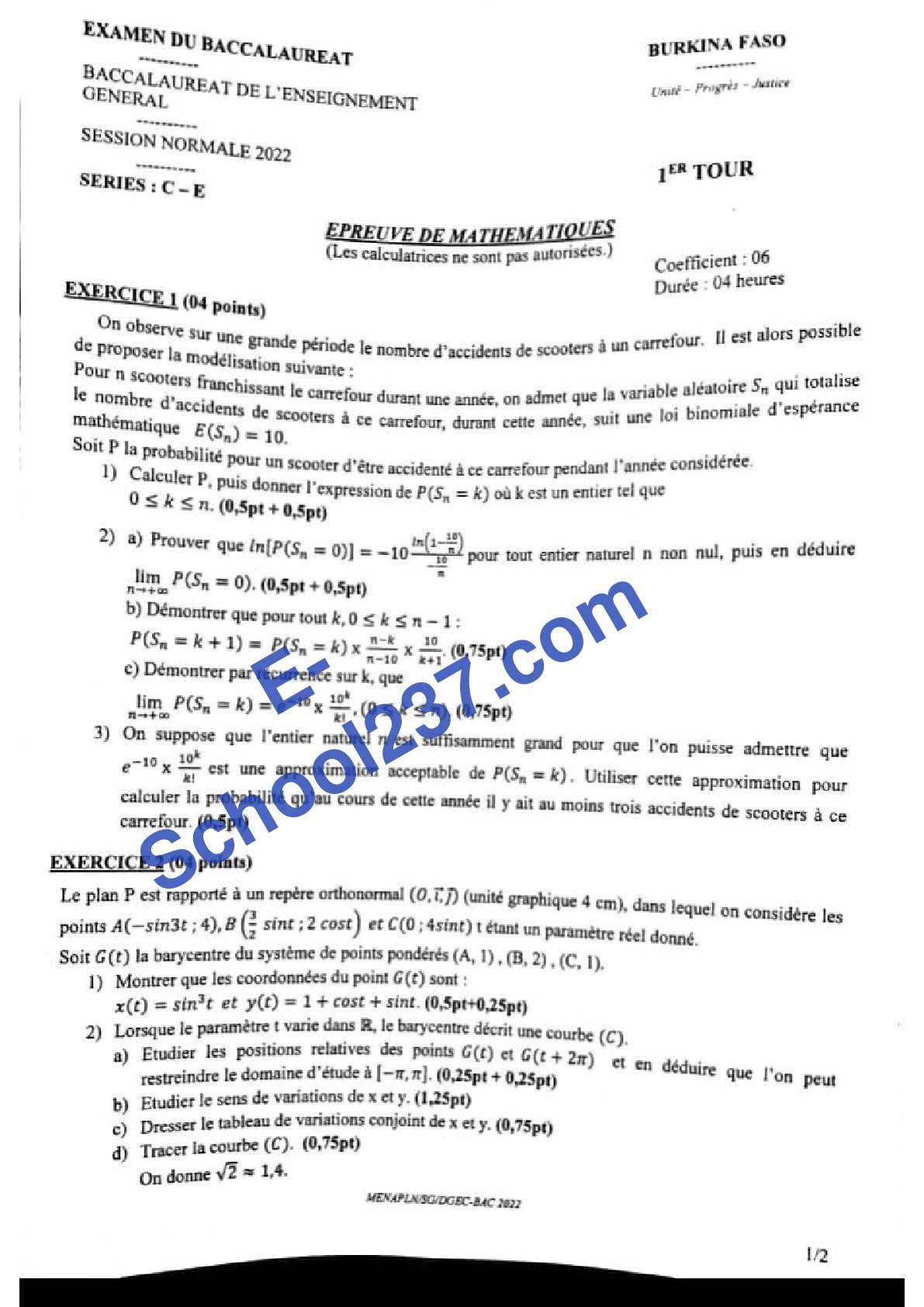BAC C-E BURKINA FASO 2022 1ER TOUR MATHS